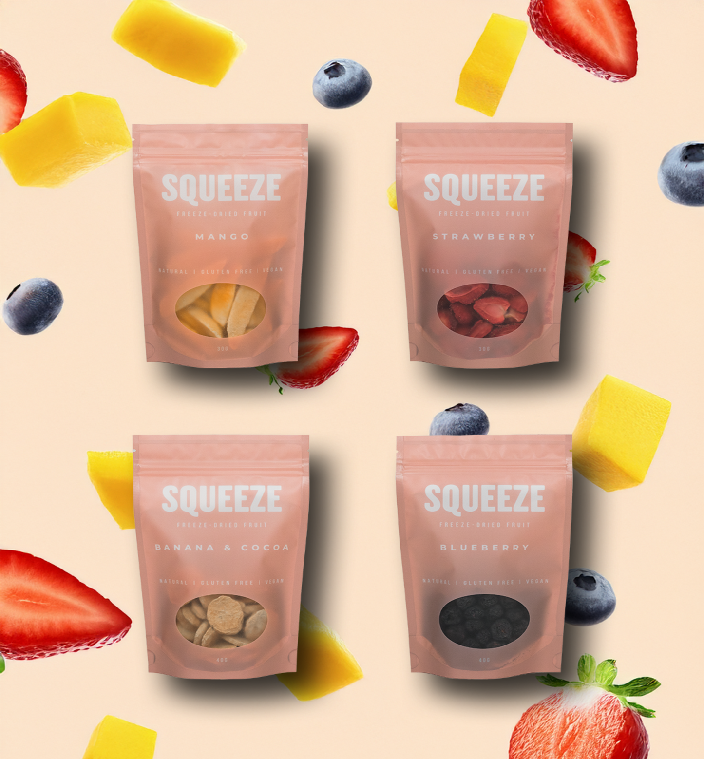 Squeeze freeze-dried fruit bananas mangoes strawberries blueberries canada abbotsford
